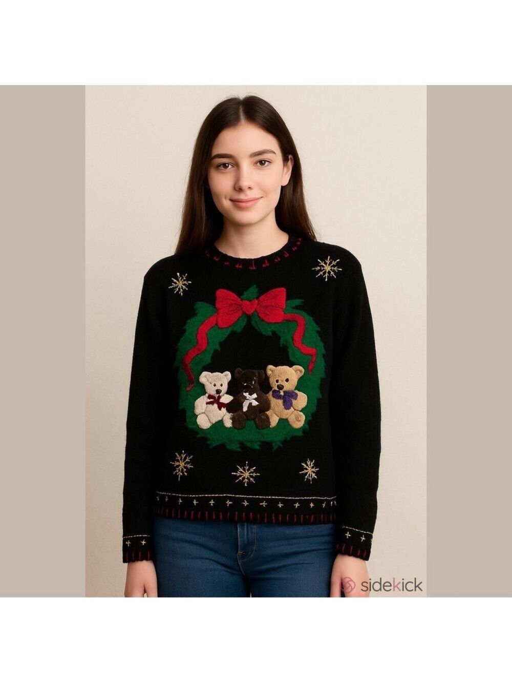 Vintage Black Sweater with Teddy Bear Wreath cottagecore granny teacher
